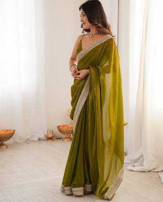 Olive tissue satin solid saree with unstitched blouse piece. 4