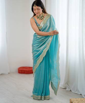 Sky blue tissue satin sequins saree with unstitched blouse piece. 3