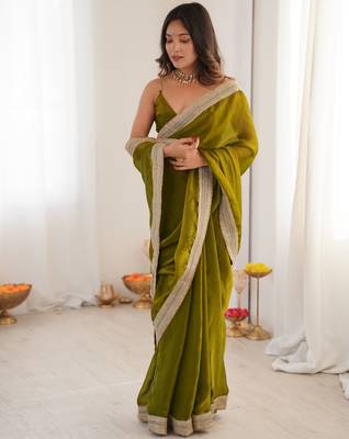 Olive tissue satin solid saree with unstitched blouse piece. 5