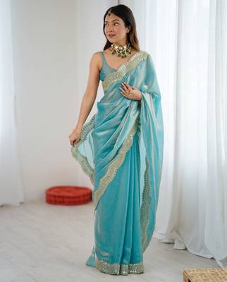 Sky blue tissue satin sequins saree with unstitched blouse piece. 5