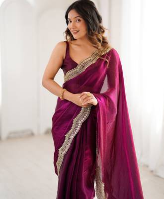 Wine tissue satin sequins saree with unstitched blouse piece. 1