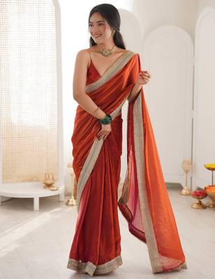 Oeange tissue satin solid saree with unstitched blouse piece. 2