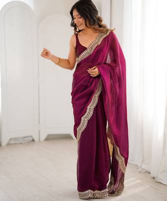 Wine tissue satin sequins saree with unstitched blouse piece. 2
