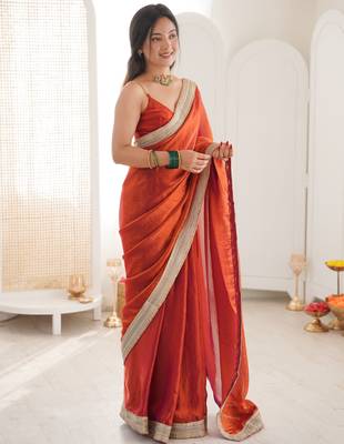 Oeange tissue satin solid saree with unstitched blouse piece. 3