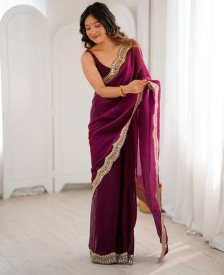Wine tissue satin sequins saree with unstitched blouse piece. 3