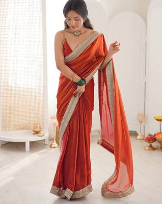 Oeange tissue satin solid saree with unstitched blouse piece. 4