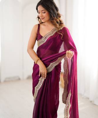 Wine tissue satin sequins saree with unstitched blouse piece. 4
