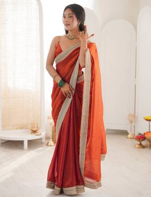 Oeange tissue satin solid saree with unstitched blouse piece. 5