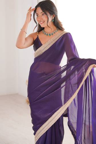 Purple tissue satin solid saree with unstitched blouse piece.