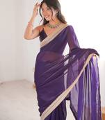 Purple tissue satin solid saree with unstitched blouse piece.