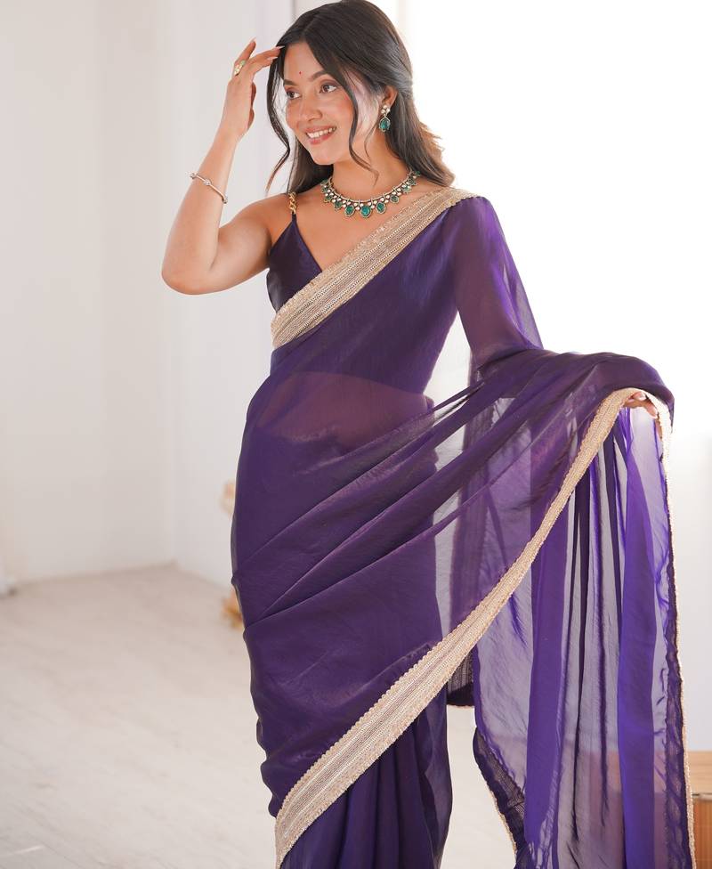 Purple tissue satin solid saree with unstitched blouse piece.