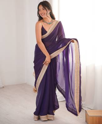 Purple tissue satin solid saree with unstitched blouse piece. 2