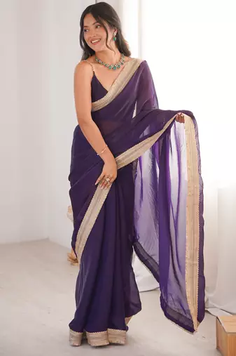 Purple tissue satin solid saree with unstitched blouse piece.