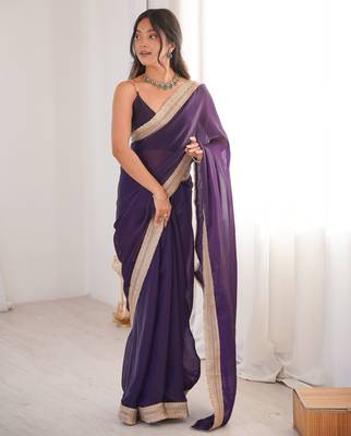 Purple tissue satin solid saree with unstitched blouse piece. 3