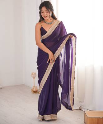 Purple tissue satin solid saree with unstitched blouse piece. 4