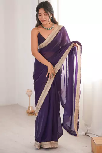Purple tissue satin solid saree with unstitched blouse piece.