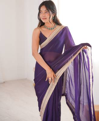 Purple tissue satin solid saree with unstitched blouse piece. 5