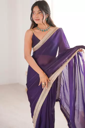 Purple tissue satin solid saree with unstitched blouse piece.