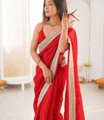 Red tissue satin solid saree with unstitched blouse piece.