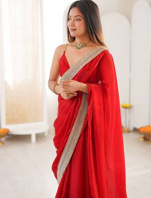 Red tissue satin solid saree with unstitched blouse piece. 4