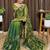 Green tissue satin embroidered saree with unstitched blouse piece.