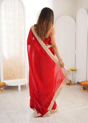 Red tissue satin solid saree with unstitched blouse piece. 5