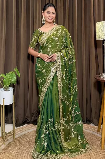 Green tissue satin embroidered saree with unstitched blouse piece.