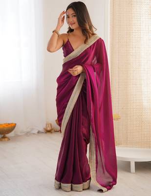 Wine tissue satin solid saree with unstitched blouse piece. 2