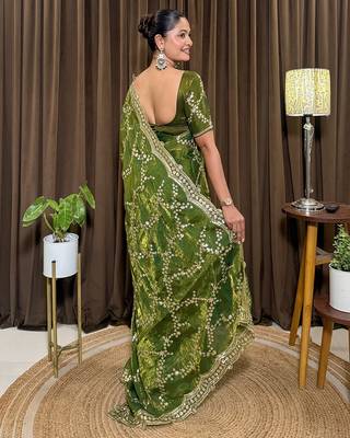 Green tissue satin embroidered saree with unstitched blouse piece. 5