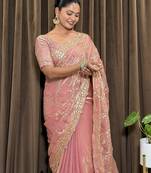 Pink tissue satin embroidered saree with unstitched blouse piece.