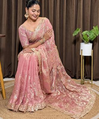 Pink tissue satin embroidered saree with unstitched blouse piece. 2