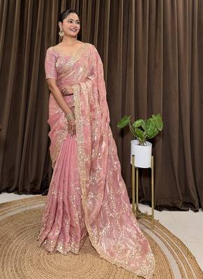 Pink tissue satin embroidered saree with unstitched blouse piece. 3