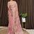 Pink tissue satin embroidered saree with unstitched blouse piece.