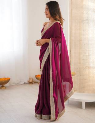 Wine tissue satin solid saree with unstitched blouse piece. 5