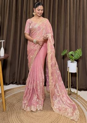 Pink tissue satin embroidered saree with unstitched blouse piece. 4