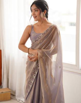 Grey tissue satin embroidered saree with unstitched blouse piece. 1