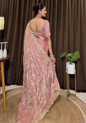 Pink tissue satin embroidered saree with unstitched blouse piece. 5