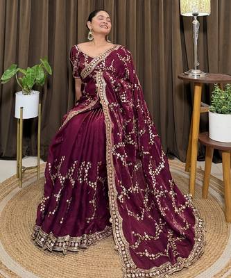 Wine tissue satin embroidered saree with unstitched blouse piece. 2