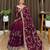 Wine tissue satin embroidered saree with unstitched blouse piece.