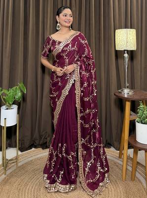 Wine tissue satin embroidered saree with unstitched blouse piece. 3
