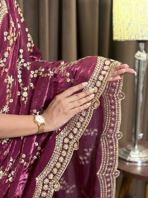 Wine tissue satin embroidered saree with unstitched blouse piece. 4