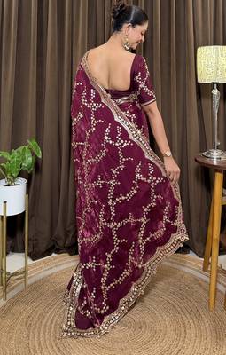 Wine tissue satin embroidered saree with unstitched blouse piece. 5