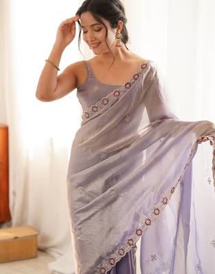 Lialc tissue satin embroidered saree with unstitched blouse piece. 1