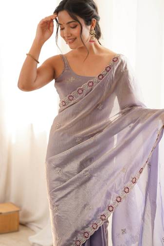 Lialc tissue satin embroidered saree with unstitched blouse piece.