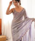 Lialc tissue satin embroidered saree with unstitched blouse piece.