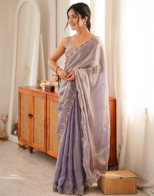 Lialc tissue satin embroidered saree with unstitched blouse piece. 2