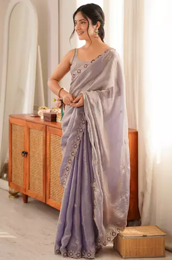 Lialc tissue satin embroidered saree with unstitched blouse piece.