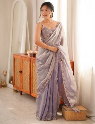 Lialc tissue satin embroidered saree with unstitched blouse piece. 3