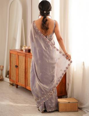 Lialc tissue satin embroidered saree with unstitched blouse piece. 5