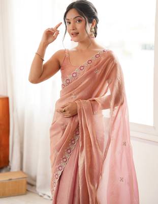 Peach tissue satin embroidered saree with unstitched blouse piece. 4